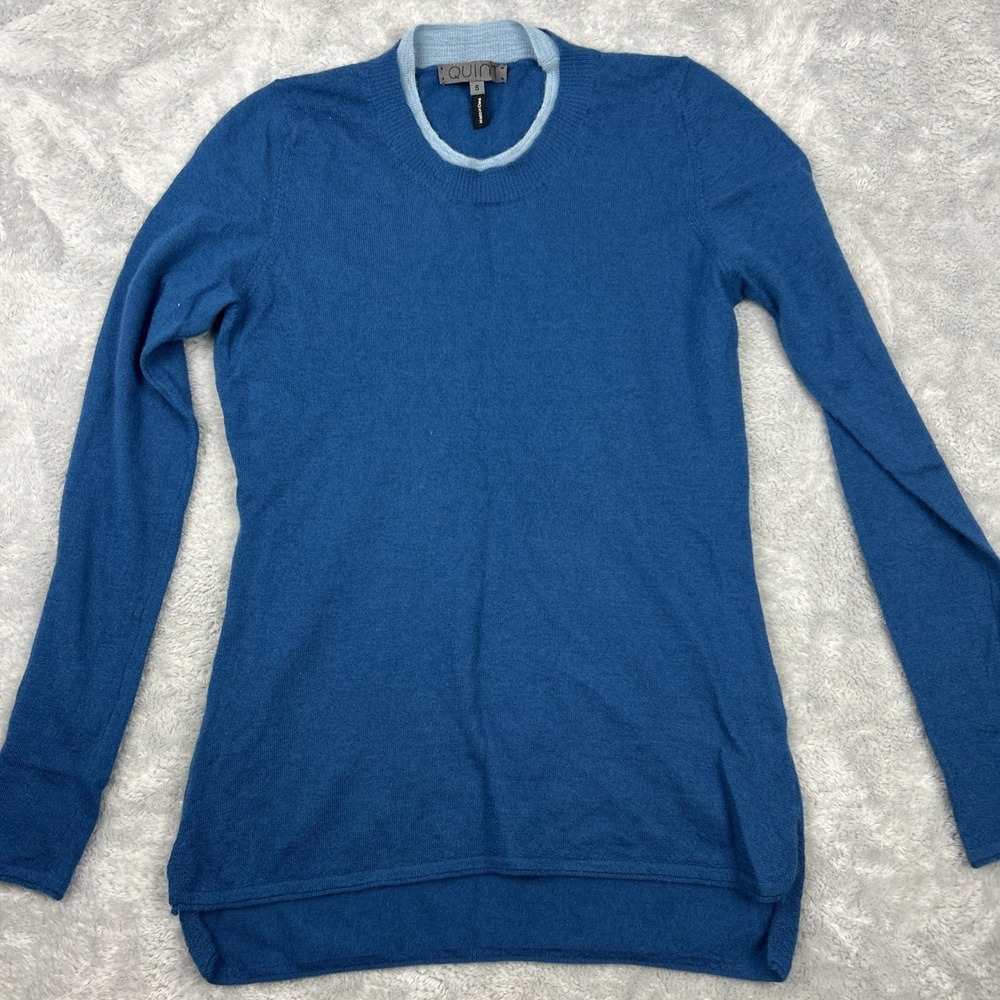 Quinn Women's S 100% Cashmere Sweater Blue Long Sleeve Double Crew Neck